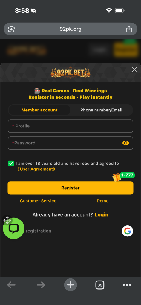 92pk game registration